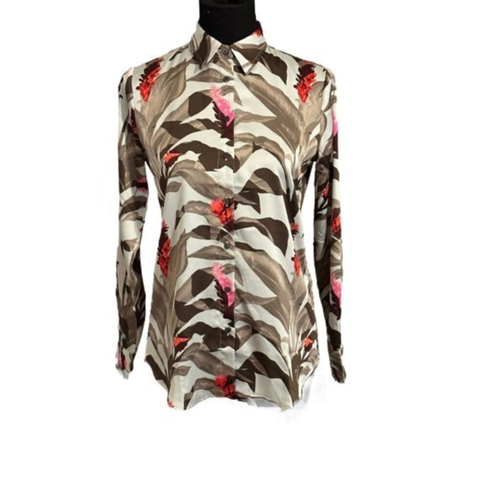 Banana Republic Dillon Fit Button Up Tropical Print Blouse Brown|Pink|Cream XS